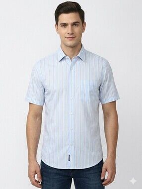 Editions by Van Heusen Shirt Fitted Light Blue Striped Half Sleeve Size 16